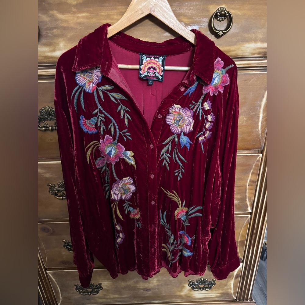 Johnny Was Burgundy Velvet Embroidered Blouse 2XL Boho Luxe